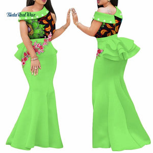 2020 African Print Dresses for Women Bazin Riche Applique Draped Long Dresses Party Vestidos Traditional African Clothing WY444