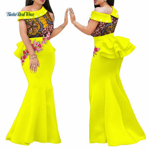 2020 African Print Dresses for Women Bazin Riche Applique Draped Long Dresses Party Vestidos Traditional African Clothing WY444