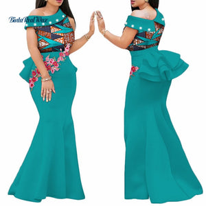 2020 African Print Dresses for Women Bazin Riche Applique Draped Long Dresses Party Vestidos Traditional African Clothing WY444