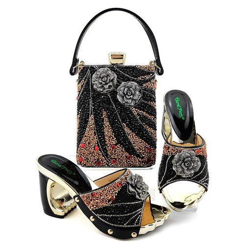 Black Color Latest Shoes and Bags Set Italian matching Sets 2020 Nigerian Shoes and Matching Bags Women Rhinestone Wedding Shoes