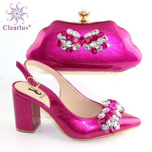 2019 Fuchsia Color Italian Design Shoes and Bags To Match Set Nigerian Women Wedding Shoes and Bags Sets with Applique