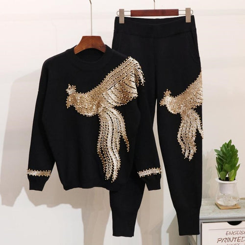 African Sets For Women 2020 Long Sleeve Beading Sequined African Elastic Bazin Baggy Pants Rock Style Dashiki Famous Suit Lady