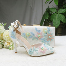 Load image into Gallery viewer, 2021 New White Lace Flower wedding shoes with matching bags High heels Pointed Toe Ankle Strap Ladies Party shoe and bag set