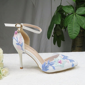 2021 New White Lace Flower wedding shoes with matching bags High heels Pointed Toe Ankle Strap Ladies Party shoe and bag set