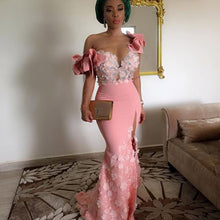 Load image into Gallery viewer, Pretty 3D Flower Aso Ebi Long Gonna Prom Gowns Long Mermaid African Prom Dresses Lace Sheer Long Sleeves Split Vestido Longo