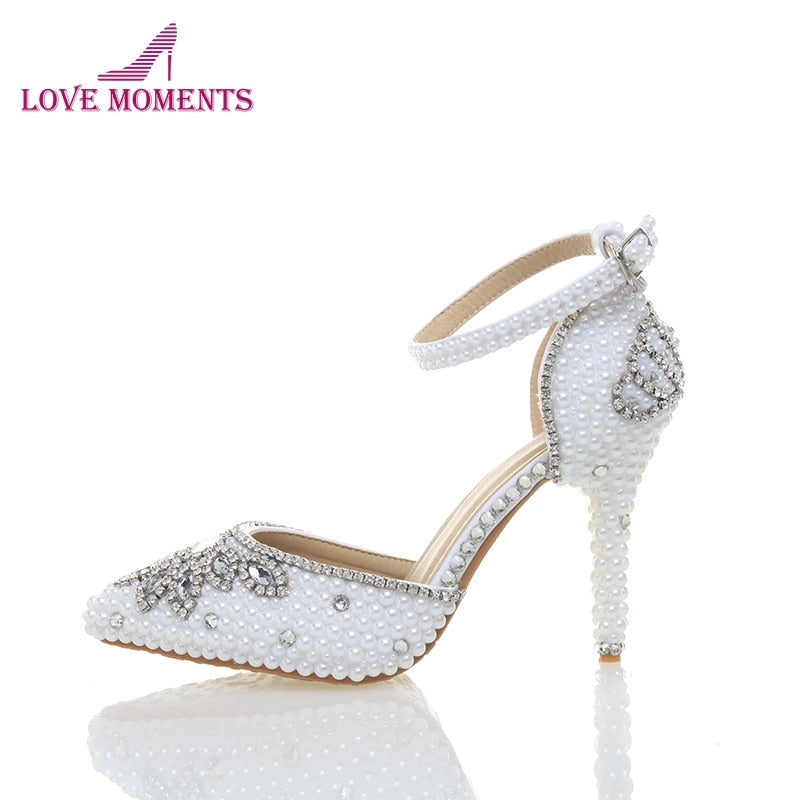 Newest Handmake White Pearl Rhinestone 4 Inches Pointed Toe Delicate Bridal Wedding Shoes Party Prom Banquet High Heels