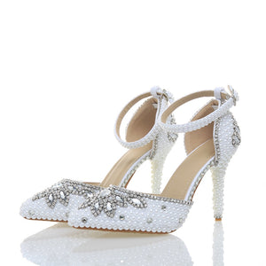 Newest Handmake White Pearl Rhinestone 4 Inches Pointed Toe Delicate Bridal Wedding Shoes Party Prom Banquet High Heels