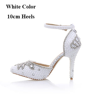 Newest Handmake White Pearl Rhinestone 4 Inches Pointed Toe Delicate Bridal Wedding Shoes Party Prom Banquet High Heels