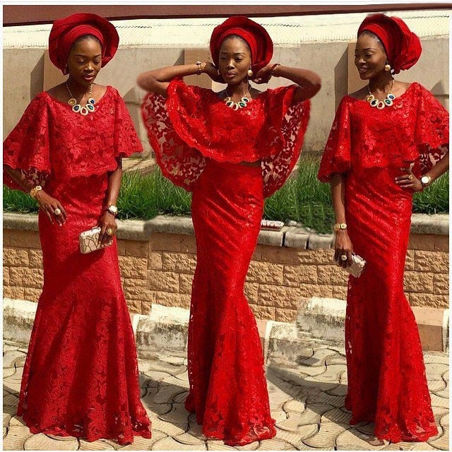 Fashion Red Nigerian Lace Evening Gown Formal Party Gowns Robe De Soiree