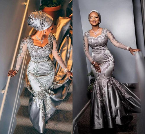 2020 Silver Luxury Mermaid Wedding Dresses Modern African Nigerian Aso Ebi Lace Applique Long Sleeve Bride Wedding gown Custom