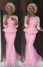 Load image into Gallery viewer, Aso Ebi Mermaid Formal Evening Dresses Sheer Neck Peplum Three Quarter Sleeves Lace Plus Size Prom Dress Nigerian Party Gowns