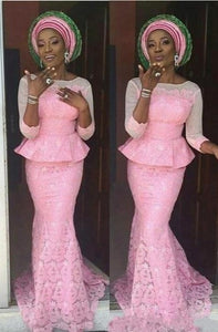 Aso Ebi Mermaid Formal Evening Dresses Sheer Neck Peplum Three Quarter Sleeves Lace Plus Size Prom Dress Nigerian Party Gowns