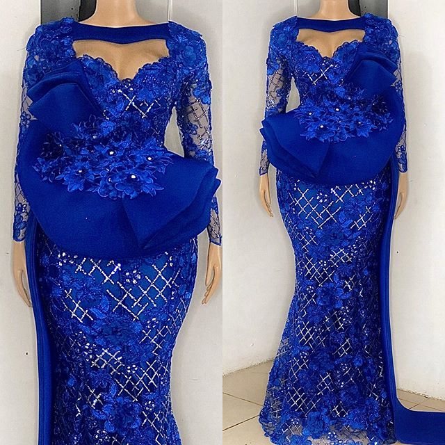 Nigerian Woman Dress Royal Blue vestido de festa longo Full Sleeves Evening Dresses Long Lace Abendkleider Evening Gown robe de