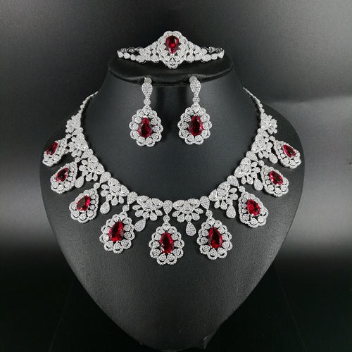 2020 new fashion vintage red water drop CZ zircon necklace earring bracelet ring wedding bride Banquet dressing jewelry set