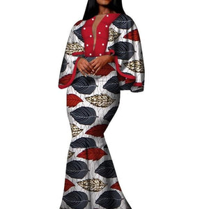 Autumn African Print Long Dresses for Women Bazin Riche Cotton Ruffles Sleeve Dresses Vestidos Pearl African Clothing WY5030