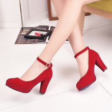 Load image into Gallery viewer, Women&#39;s Fashion Pumps Sweet Woman Thick High Heels Ankle Strap Flock Female Platform Mary Jane Women Shoes Ladies Footwear