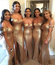 Load image into Gallery viewer, Off The Shoulder Mermaid Rose Gold Bridemaid Dresses Full Sequined Side Slit Prom Dresses Maid of Honor Party Gown