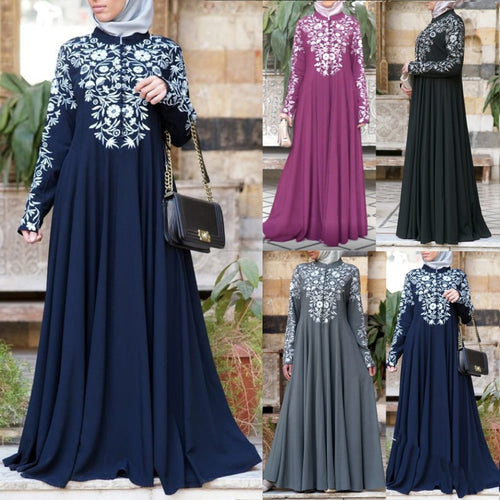 Arab Turkey Muslim Abaya Dress Women Plus Size 5XL Maxi Dresses Stand Collar Floral Print Big Swing Kaftan Robe Islamic Clothing