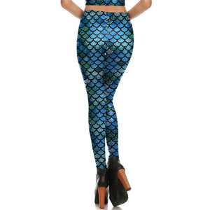 New Fashion Fish Scale Sexy Blue Mermaid Women LeggingsGym Digital Print Fitness Leggings for Ladies Mermaid Leggings + Top