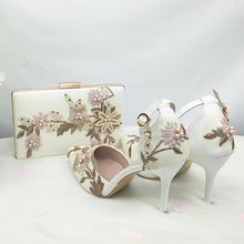 Load image into Gallery viewer, 2021 New White Lace Flower wedding shoes with matching bags High heels Pointed Toe Ankle Strap Ladies Party shoe and bag set