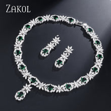 Load image into Gallery viewer, ZAKOL Trendy Style White Color Green Zirconia Bride Wedding Jewelry Set Flower Earrings Necklace Set For Europe Women FSSP2007