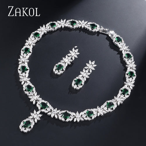 ZAKOL Trendy Style White Color Green Zirconia Bride Wedding Jewelry Set Flower Earrings Necklace Set For Europe Women FSSP2007