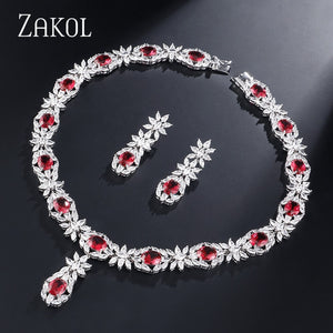 ZAKOL Trendy Style White Color Green Zirconia Bride Wedding Jewelry Set Flower Earrings Necklace Set For Europe Women FSSP2007