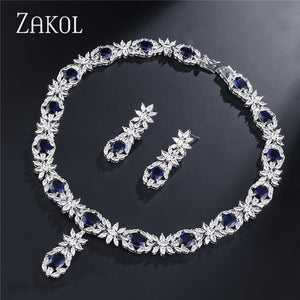 ZAKOL Trendy Style White Color Green Zirconia Bride Wedding Jewelry Set Flower Earrings Necklace Set For Europe Women FSSP2007