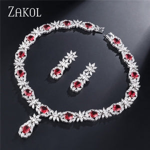 ZAKOL Trendy Style White Color Green Zirconia Bride Wedding Jewelry Set Flower Earrings Necklace Set For Europe Women FSSP2007