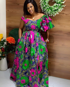 Afican Print Dress Women Halloween Ruffles Flora Fashion Robe Africaine Femme Bodycon Maxi Mermaid Dress Africa Clothes