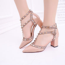 Load image into Gallery viewer, Women&#39;s shoes 2020 summer sandals pointed patent leather rivet buckle sandals thick with heel wild thin