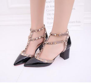 Women's shoes 2020 summer sandals pointed patent leather rivet buckle sandals thick with heel wild thin