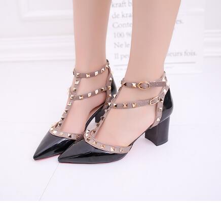 Women's shoes 2020 summer sandals pointed patent leather rivet buckle sandals thick with heel wild thin