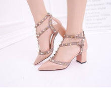 Load image into Gallery viewer, Women&#39;s shoes 2020 summer sandals pointed patent leather rivet buckle sandals thick with heel wild thin