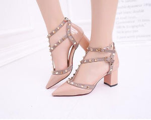 Women's shoes 2020 summer sandals pointed patent leather rivet buckle sandals thick with heel wild thin