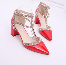 Load image into Gallery viewer, Women&#39;s shoes 2020 summer sandals pointed patent leather rivet buckle sandals thick with heel wild thin