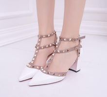 Load image into Gallery viewer, Women&#39;s shoes 2020 summer sandals pointed patent leather rivet buckle sandals thick with heel wild thin