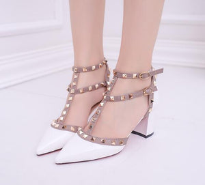 Women's shoes 2020 summer sandals pointed patent leather rivet buckle sandals thick with heel wild thin