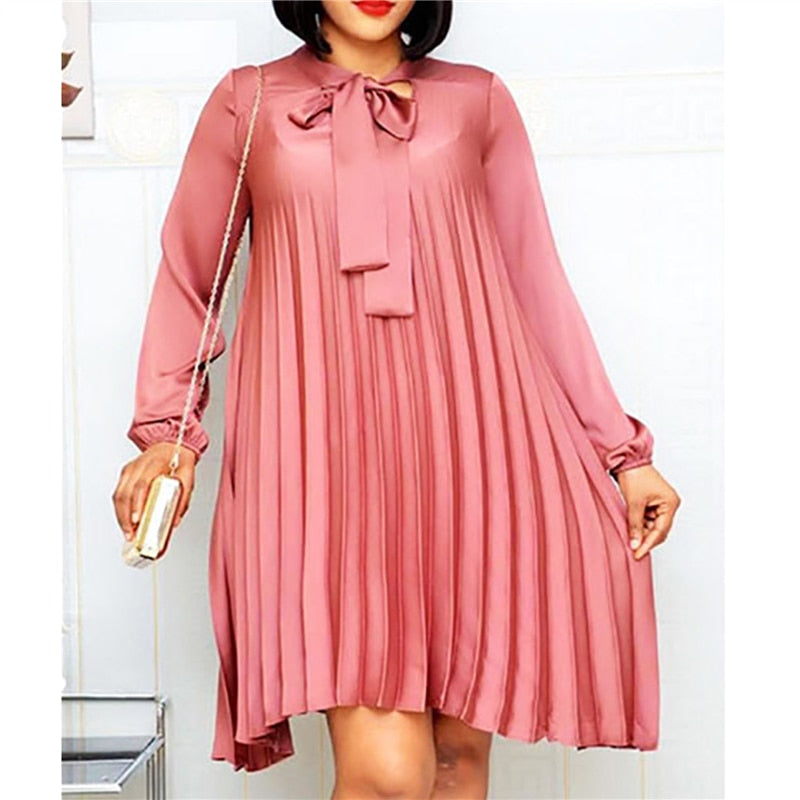 Plus Size Pleated Dresses with Bowtie Long Lantern Sleeves Knee Length Women Fashion Summer Autumn Female African Vestidos New