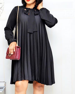 Plus Size Pleated Dresses with Bowtie Long Lantern Sleeves Knee Length Women Fashion Summer Autumn Female African Vestidos New