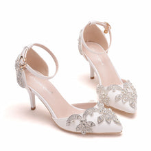 Load image into Gallery viewer, Crystal Queen Shoes Woman Luxury Diamond White High Heels Pumps Wedding Shoes Bridal Elegant Ankle Strap Party Dress Sandals
