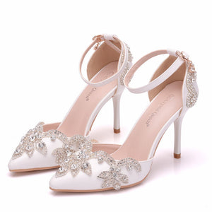 Crystal Queen Shoes Woman Luxury Diamond White High Heels Pumps Wedding Shoes Bridal Elegant Ankle Strap Party Dress Sandals