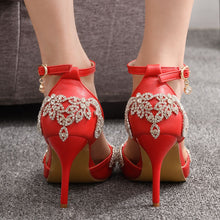 Load image into Gallery viewer, Crystal Queen Shoes Woman Luxury Diamond White High Heels Pumps Wedding Shoes Bridal Elegant Ankle Strap Party Dress Sandals