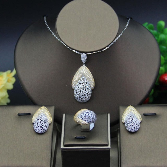 HERHOME 3 PCS Luxury Nigeria CZ Zircon Jewelry Set Women Wedding Dress India Africa Bride  Necklace Earrings Accessory