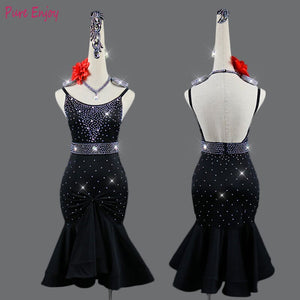 Shiny Rhinestone Women Latin Dress Costumes black Sexy Skirt Salsa Samba Rumba India Ladies Latin Dance Dress+belt