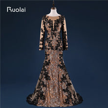 Load image into Gallery viewer, Real Photo Dubai Muslim Evening Dresses Long Sleeves Black Appliques Sequined Bodice Mermaid Prom Dresses 2018 India Dress FE68