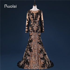 Real Photo Dubai Muslim Evening Dresses Long Sleeves Black Appliques Sequined Bodice Mermaid Prom Dresses 2018 India Dress FE68