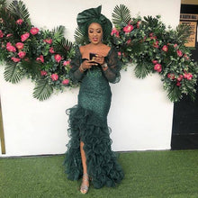 Load image into Gallery viewer, Nigerian Green Mermaid Evening Dresses 2020 Long Sleeves Aso Ebi Ruffled Organza Prom Dress Slit Beaded vestidos Formal Gowns