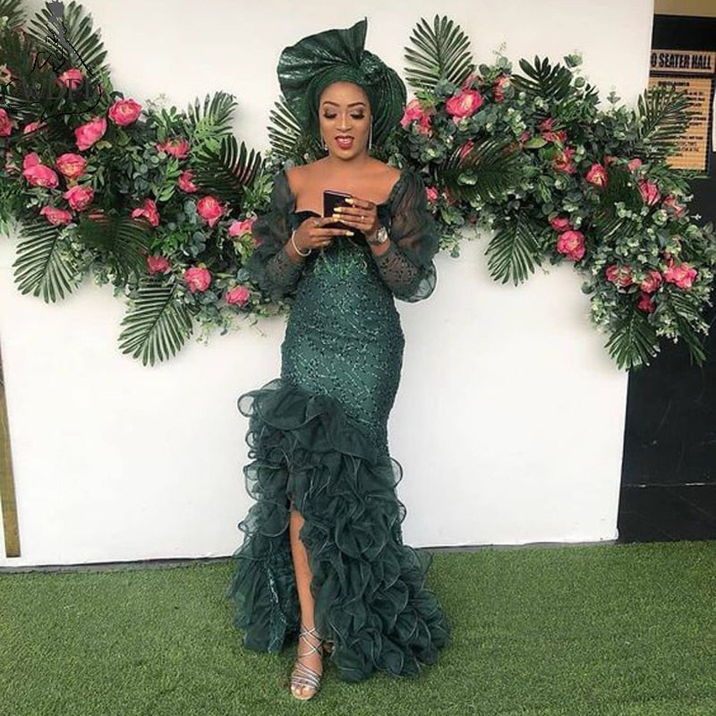 Nigerian Green Mermaid Evening Dresses 2020 Long Sleeves Aso Ebi Ruffled Organza Prom Dress Slit Beaded vestidos Formal Gowns