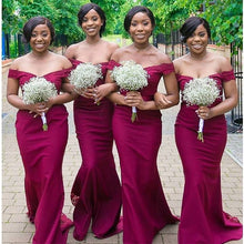 Load image into Gallery viewer, Nigeria Mermaid Country Bridesmaid Dresses Maroon Off Shoulder Floor Length Lace Plus Size Wedding Guest Dress Cheap Junior Gown